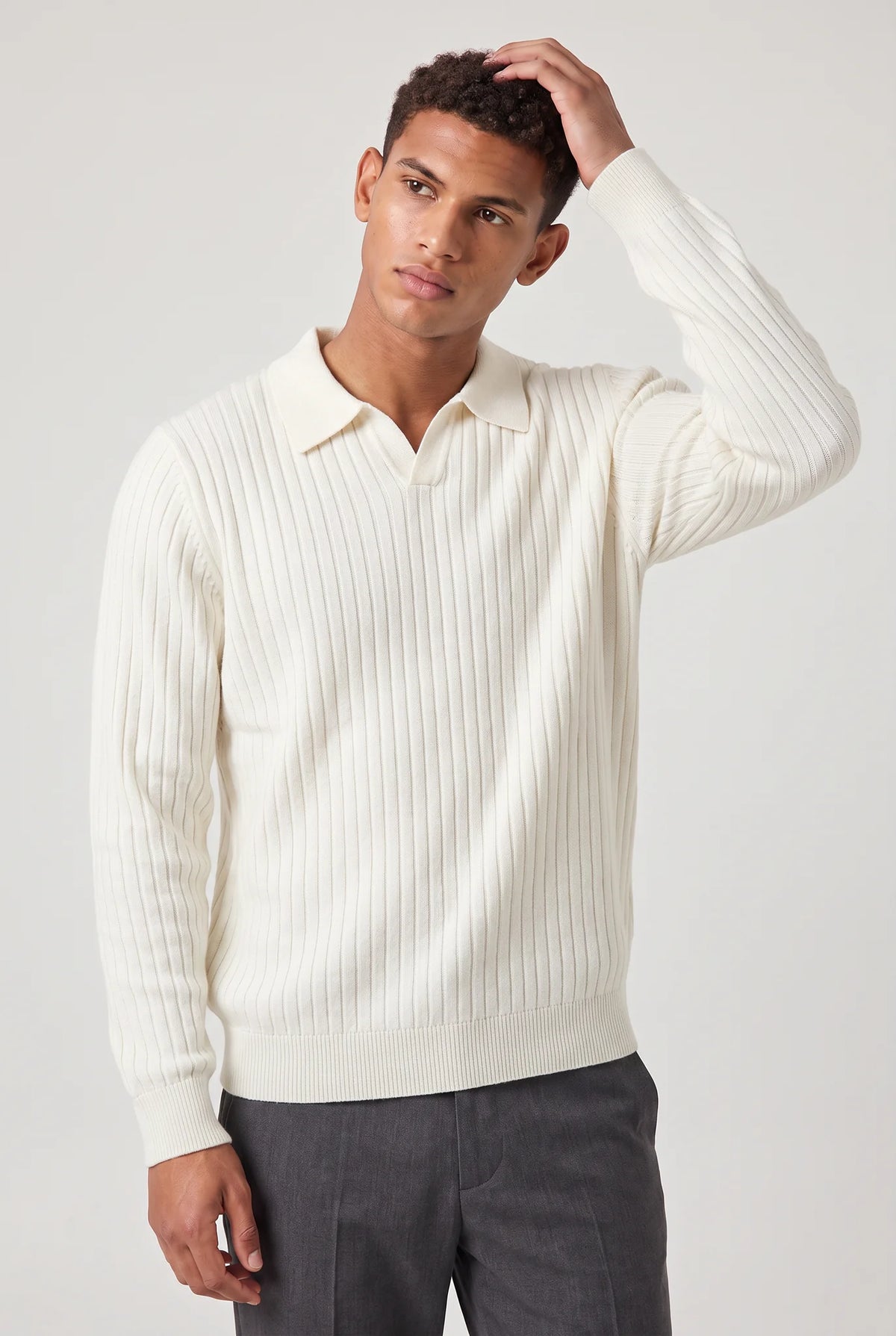 Ribbed Long Sleeve Polo – White